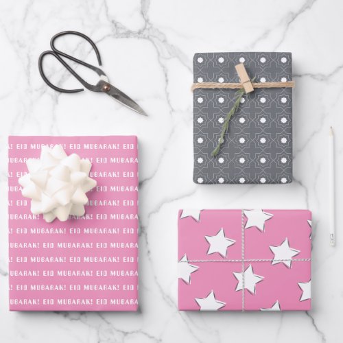 Eid Mubarak Kids Pink and Grey Star Pattern Quote Wrapping Paper Sheets
