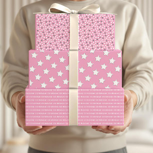 Eid Mubarak Kids Pink Grey Star Dots Pattern Quote Wrapping Paper Sheets