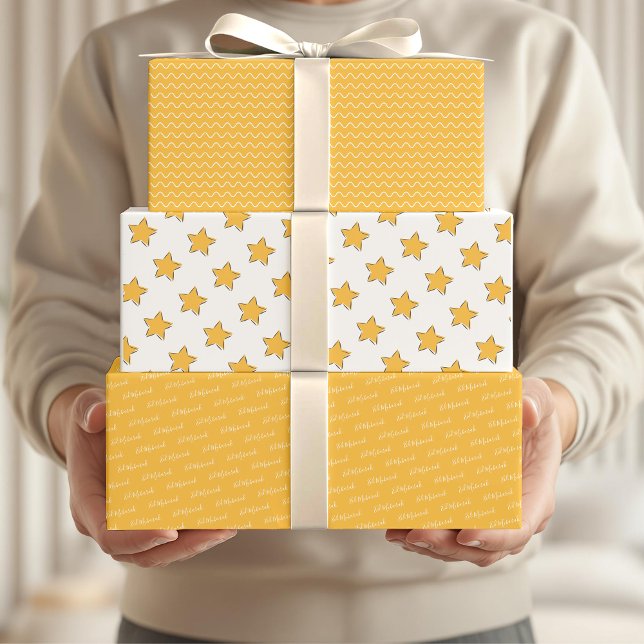Eid Mubarak Kids Yellow Star Wavy Pattern Quote Wrapping Paper Sheets (Creator Uploaded)
