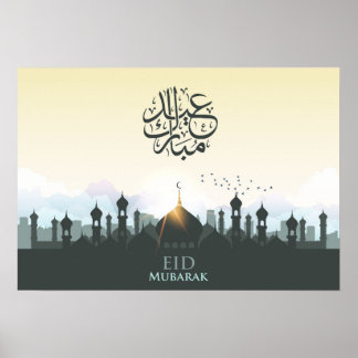 Eid mubarak lettering with mosque and birds poster
