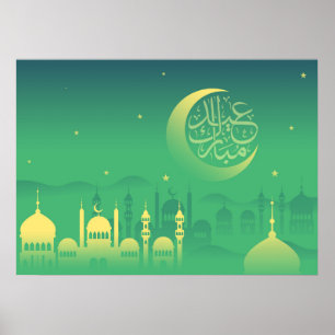 Eid mubarak lettering with mosque in the night poster