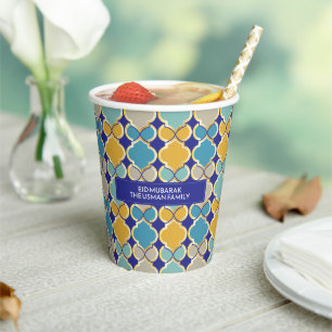 Eid Mubarak Moroccan Pattern Royal Blue Golden Paper Cups