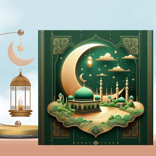 Eid Mubarak Mosque Crescent Green Gold Holiday Card