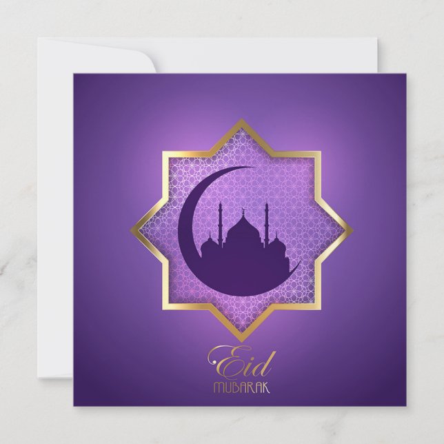 Eid Mubarak Mosque Crescent Star Purple Gold Holiday Card (Front)