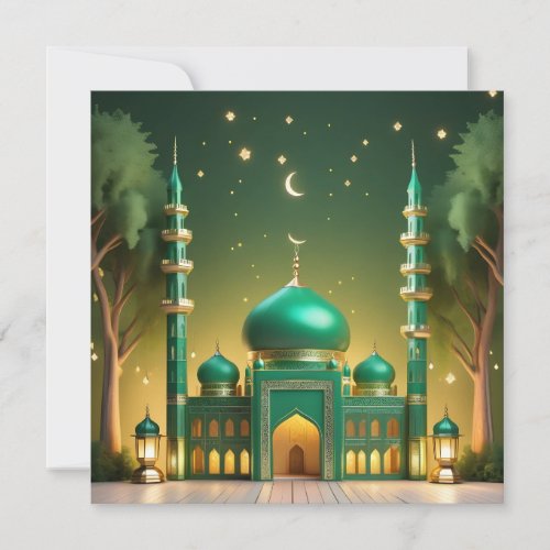 Eid Mubarak Mosque Crescent Stars Green Gold Holiday Card