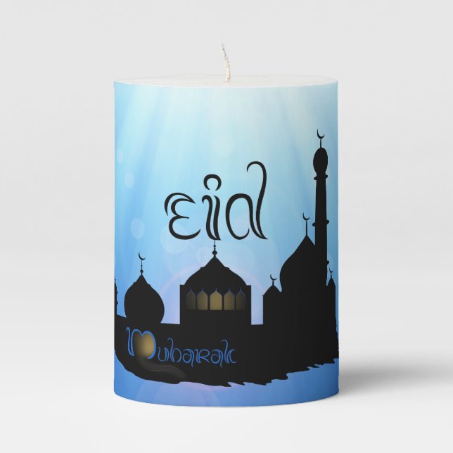 Eid Mubarak Mosque with Typography Pillar Candle (Front)