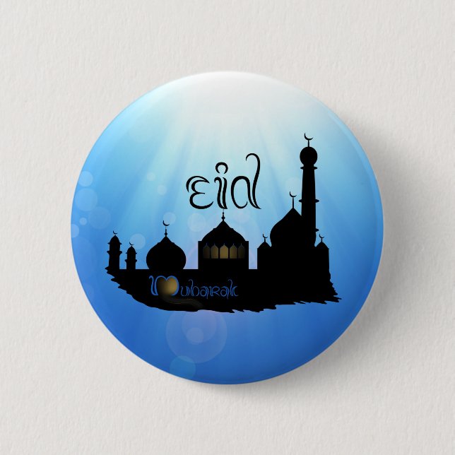 Eid Mubarak Mosque with Typography Pinback Button (Front)