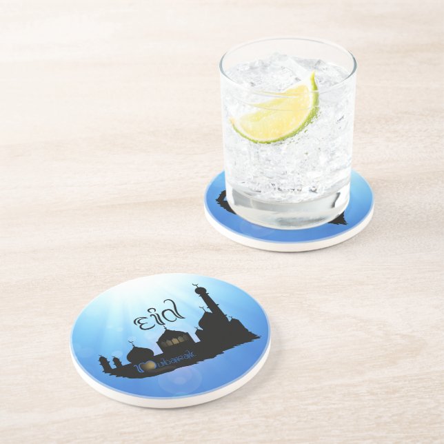 Eid Mubarak Mosque with Typography Sandstone Coaster (Side)