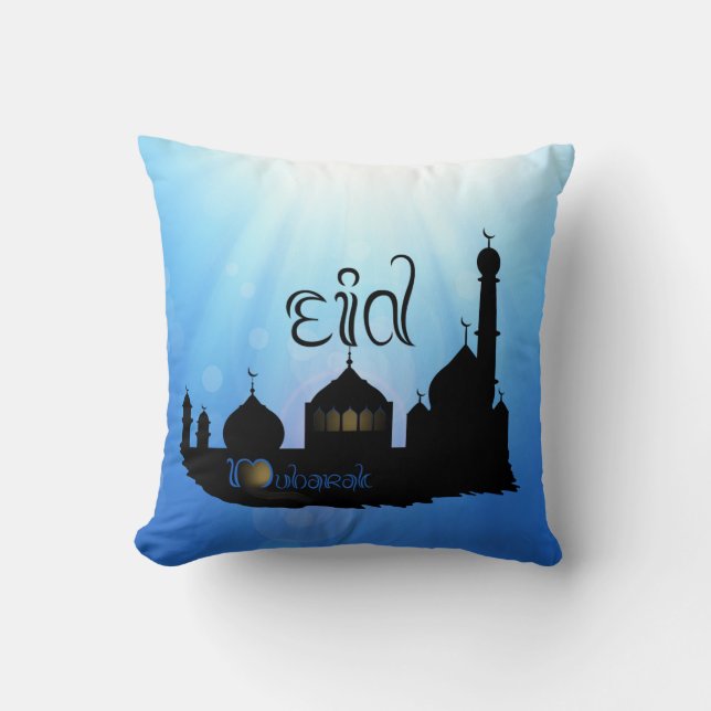 Eid Mubarak Mosque with Typography Throw Pillow (Front)