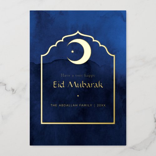 Eid Mubarak Navy Blue and Gold Foil Holiday Card