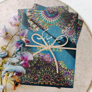 Eid Mubarak ornamental pattern Steel Blue Wrapping Paper Sheets