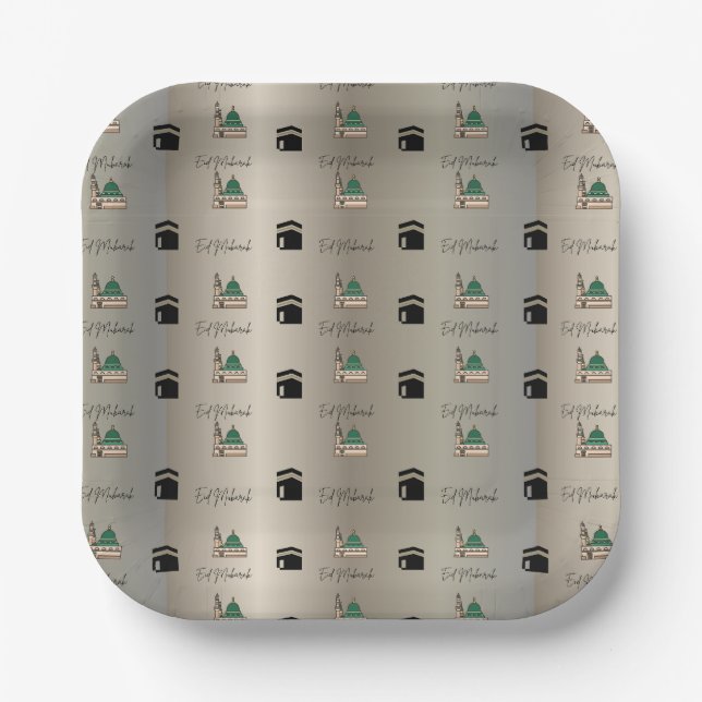Eid Mubarak Paper Plate|Gold Kaaba & Masjid Nabawi Paper Plates (Front)