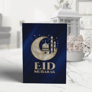 Eid Mubarak — Pearl and Gold on blue Card