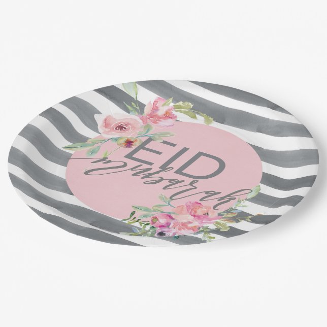 Eid Mubarak Pink & Grey Floral Paper Plates (Angled)