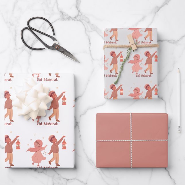Eid Mubarak Pink Kids gift Wrapping Paper Sheets (Front)