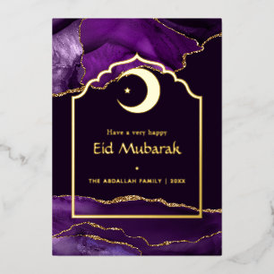Eid Mubarak Purple and Gold Agate Foil Holiday Card