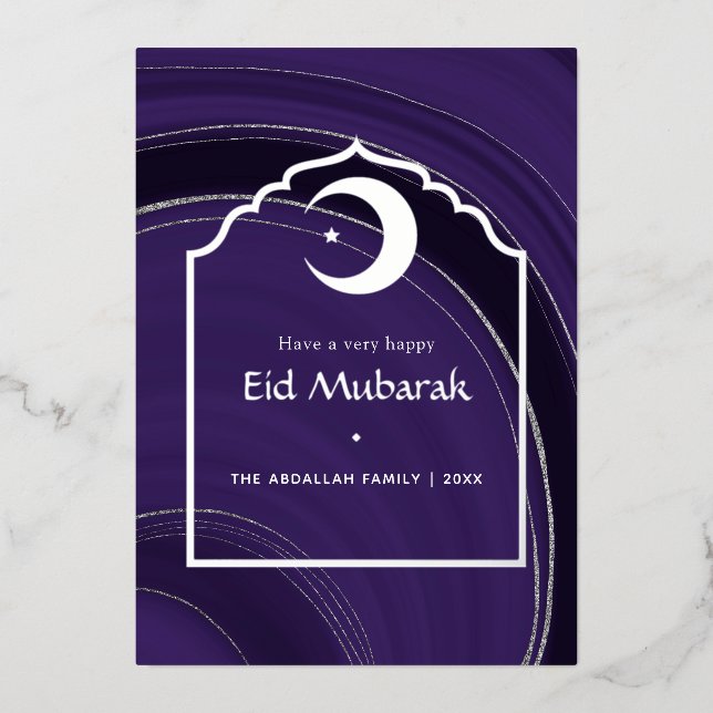 Eid Mubarak Purple and Silver Agate Foil Holiday C (Front)
