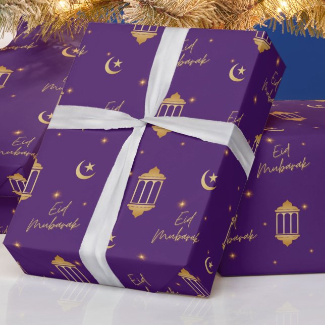 Eid Mubarak Purple + Gold Elegant Lanterns Moon Wrapping Paper (Elegant purple and gold Eid Mubarak festive wrapping paper for your gifting needs!)