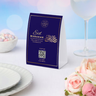 Eid Mubarak QR Code Table Tent Blue Gold Menu Sign