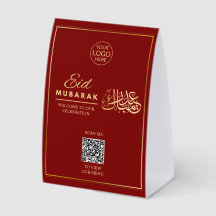 Eid Mubarak QR Code Table Tent Red Gold Islamic 