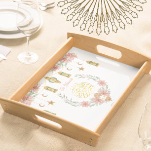 Eid Mubarak Ramadan Arabic Calligraphy Flowers Serving Tray