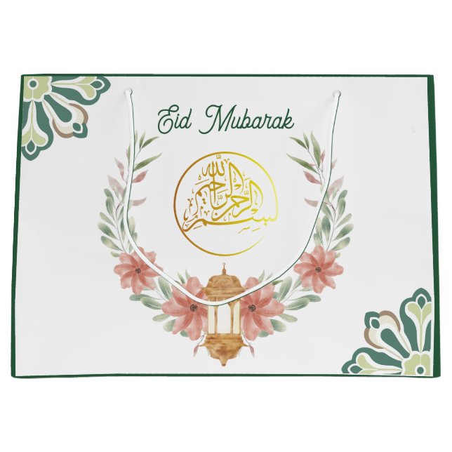 Eid Mubarak | Ramadan Flowers Gold Green Greetings Large Gift Bag (Front)