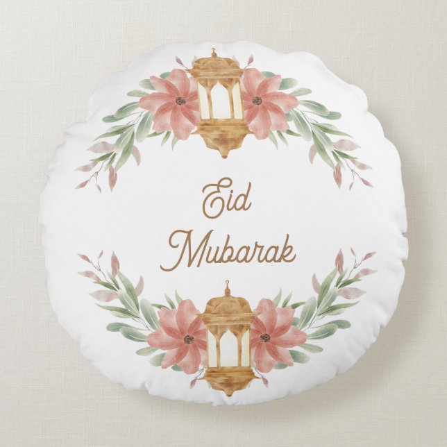 Eid Mubarak |Ramadan Mubarak Flowers Wreath Lamp  Round Pillow (Front)