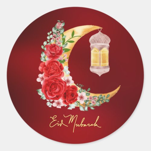 Eid Mubarak Red Floral Cresent Islamic Lantern Classic Round Sticker