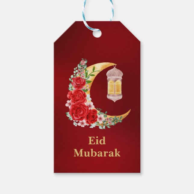 Eid Mubarak Red Floral Cresent Islamic Lantern Gift Tags (Front)