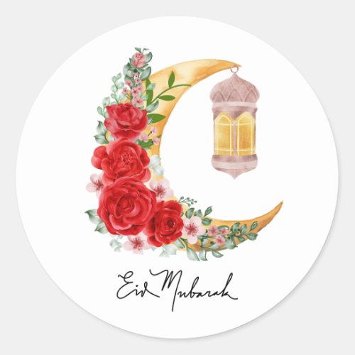 Eid Mubarak Rose Floral Cresent Islamic Lantern Classic Round Sticker