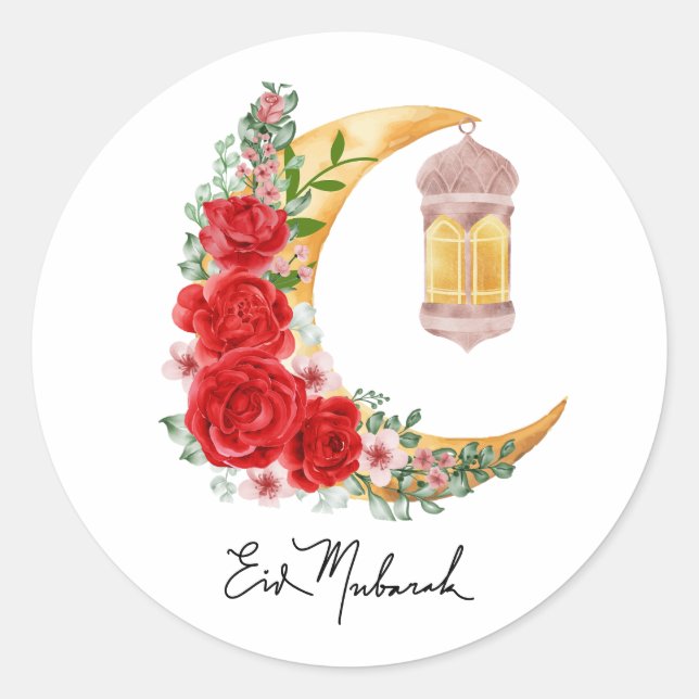 Eid Mubarak Rose Floral Cresent Islamic Lantern Classic Round Sticker (Front)