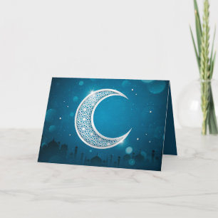 Eid Mubarak Shinnig Moon Mosque Star White Blue  Holiday Card