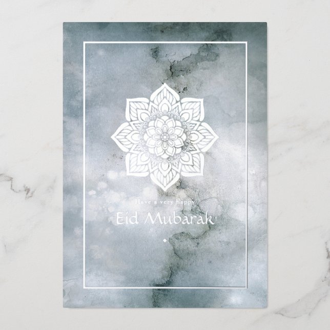 Eid Mubarak Silver Marble Foil Holiday Card (Front)