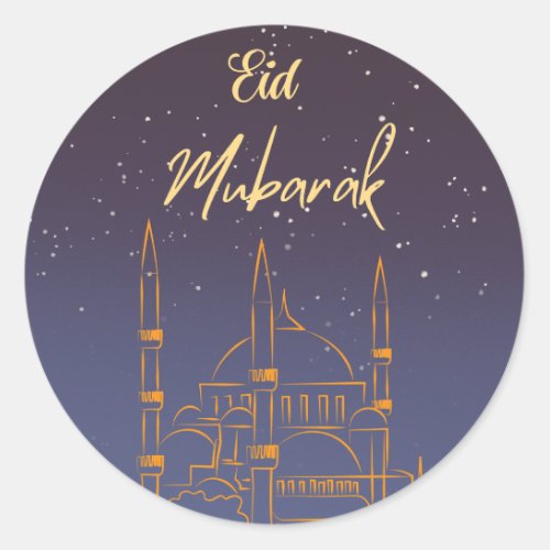 Eid Mubarak Starry Sky Gold Outlined Mosque  Classic Round Sticker