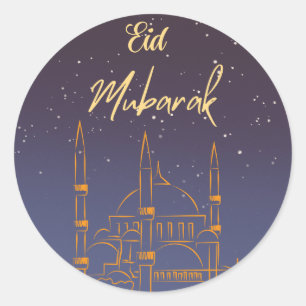 Eid Mubarak Starry Sky Gold Outlined Mosque Classic Round Sticker