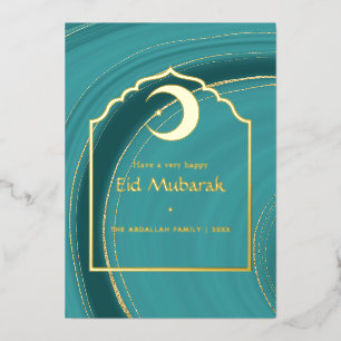 Eid Mubarak Turquoise - Teal and Gold Agate Foil H Foil Holiday Card