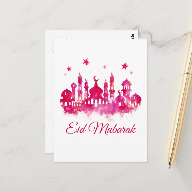 Eid Mubarak  Watercolor Mosque  Postcard (Front/Back In Situ)