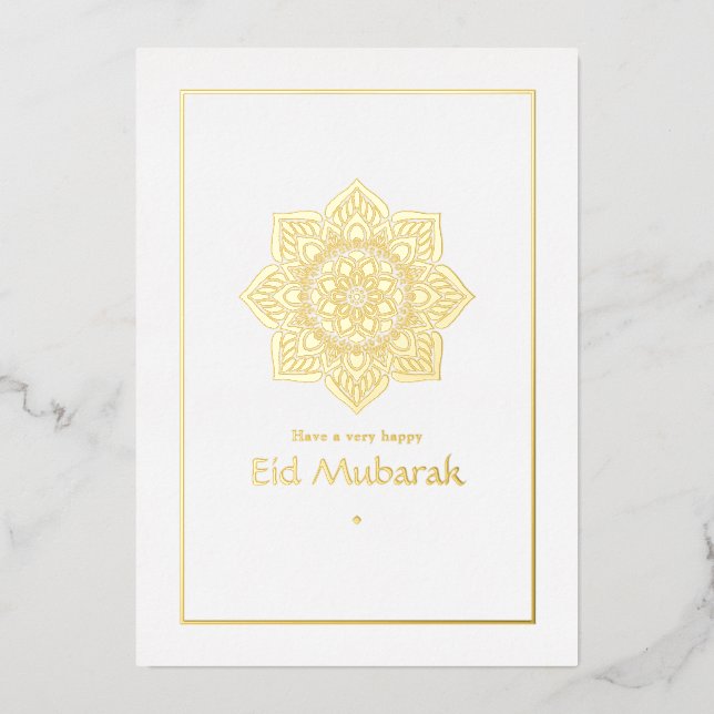 Eid Mubarak White and Gold Foil Holiday Card (Front)