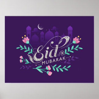 Eid mubarak with flowers mosques and moon Poster