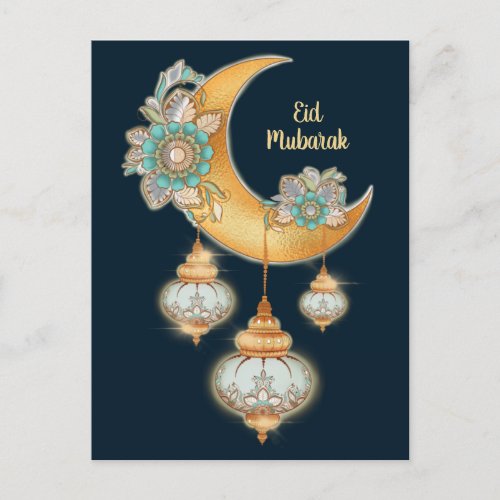 Eid Mubarak with Henna Flowers and Arabic Lamps Holiday Postcard