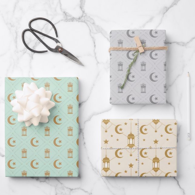  Eid or Ramadan Lanterns & Crescent Seamless  Wrapping Paper Sheets (Front)