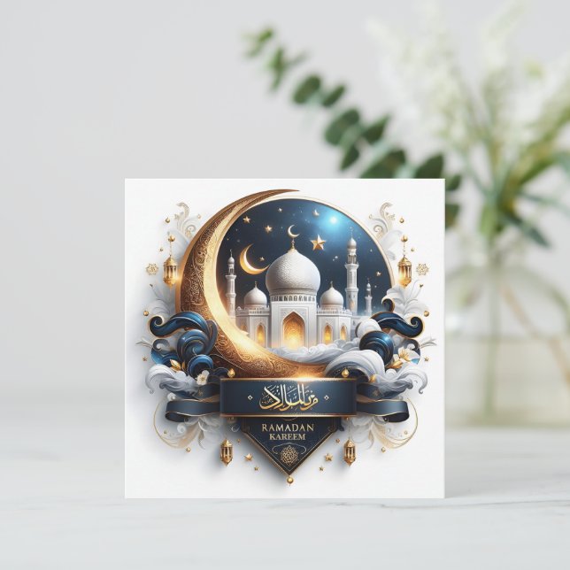 Eid Ramadan Golden Mosque Crescent Moon Blue White Holiday Card (Standing Front)