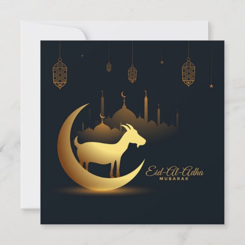 Eid Ul Adha Mubarak Crescent Mosque Goat Gold Holiday Card