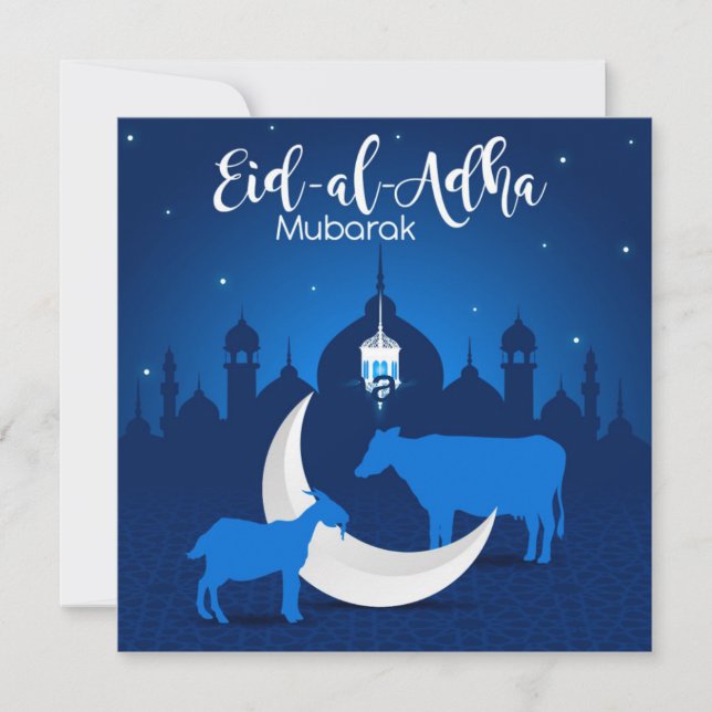 Eid ul Adha Mubarak Mosque Stars White Blue  Holiday Card (Front)