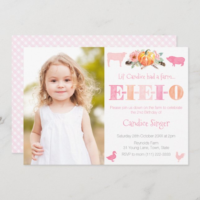 EIEIO Pumpkin Farm Petting Zoo Girl Birthday Party Invitation (Front/Back)