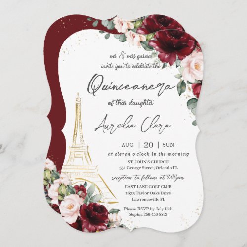 Eiffel Paris Quinceaera Burgundy Blush Floral Invitation