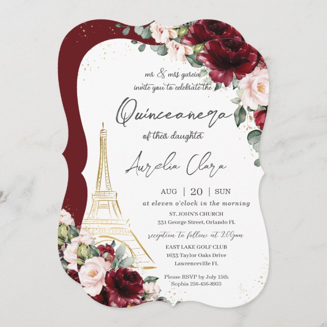 Eiffel Paris Quinceañera Burgundy Blush Floral Invitation (Front/Back)