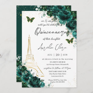 Eiffel Paris Quinceañera Emerald Green Floral Invitation