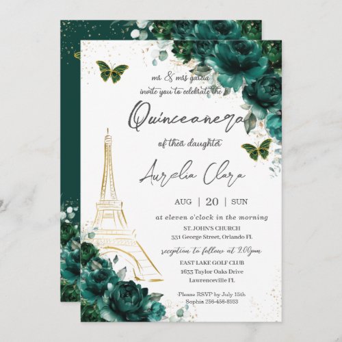 Eiffel Paris Quinceaera Emerald Green Floral Invitation