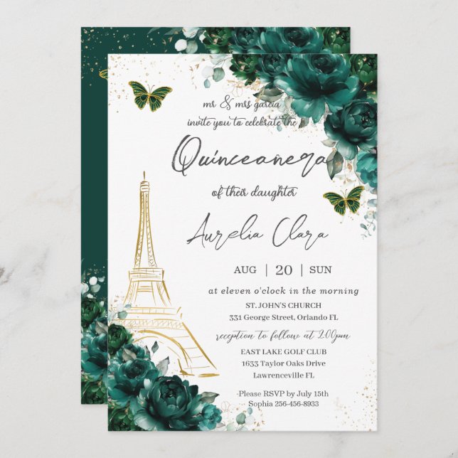 Eiffel Paris Quinceañera Emerald Green Floral Invitation (Front/Back)